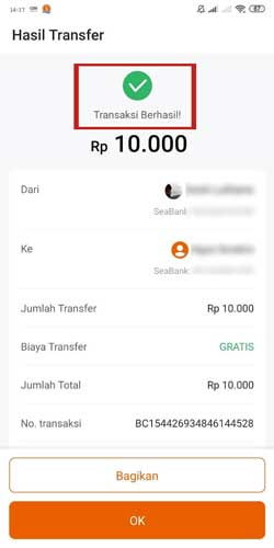 Transfer ke Sesama SeaBank Berhasil
