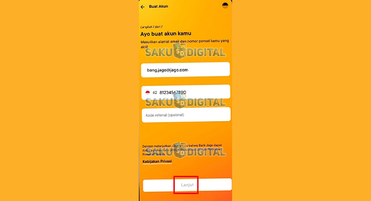 3. Masukan Email dan Nomor HP